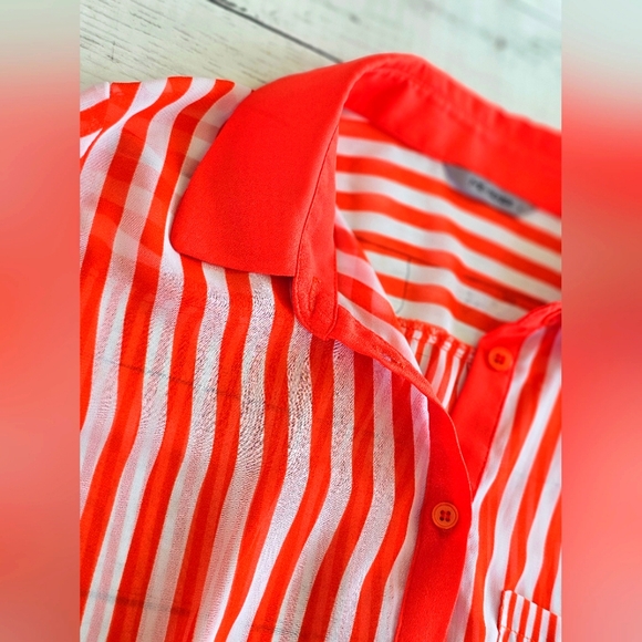 Me Sense Bright Orange & White Striped Collar Sheer Chiffon Button Up Blouse Top - Picture 10 of 11